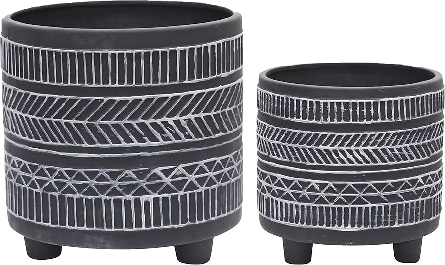 Sagebrook Home 2-Piece Set of Ceramic Planters - 6" & 8" - Tribal Design in Black - Aztec Footed ... | Amazon (US)