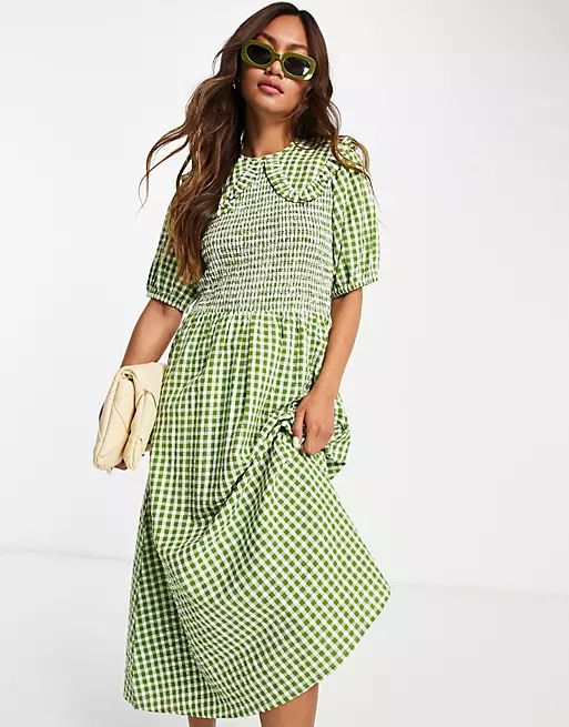 Neon Rose midi dress with shirred bodice and oversized collar in gingham seersucker | ASOS (Global)