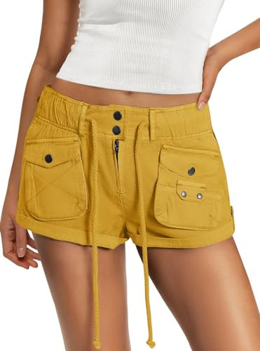 Panadila Womens Cargo Shorts Drawstring Low Rise Mini Shorts Y2k Going Out Bottoms Summer Streetwear (Light Yellow,M) | Amazon (US)
