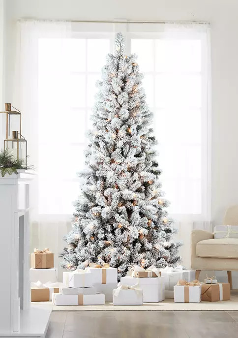7.5 Foot Pre Lit Flocked Tree with 300 Clear Lights | Belk