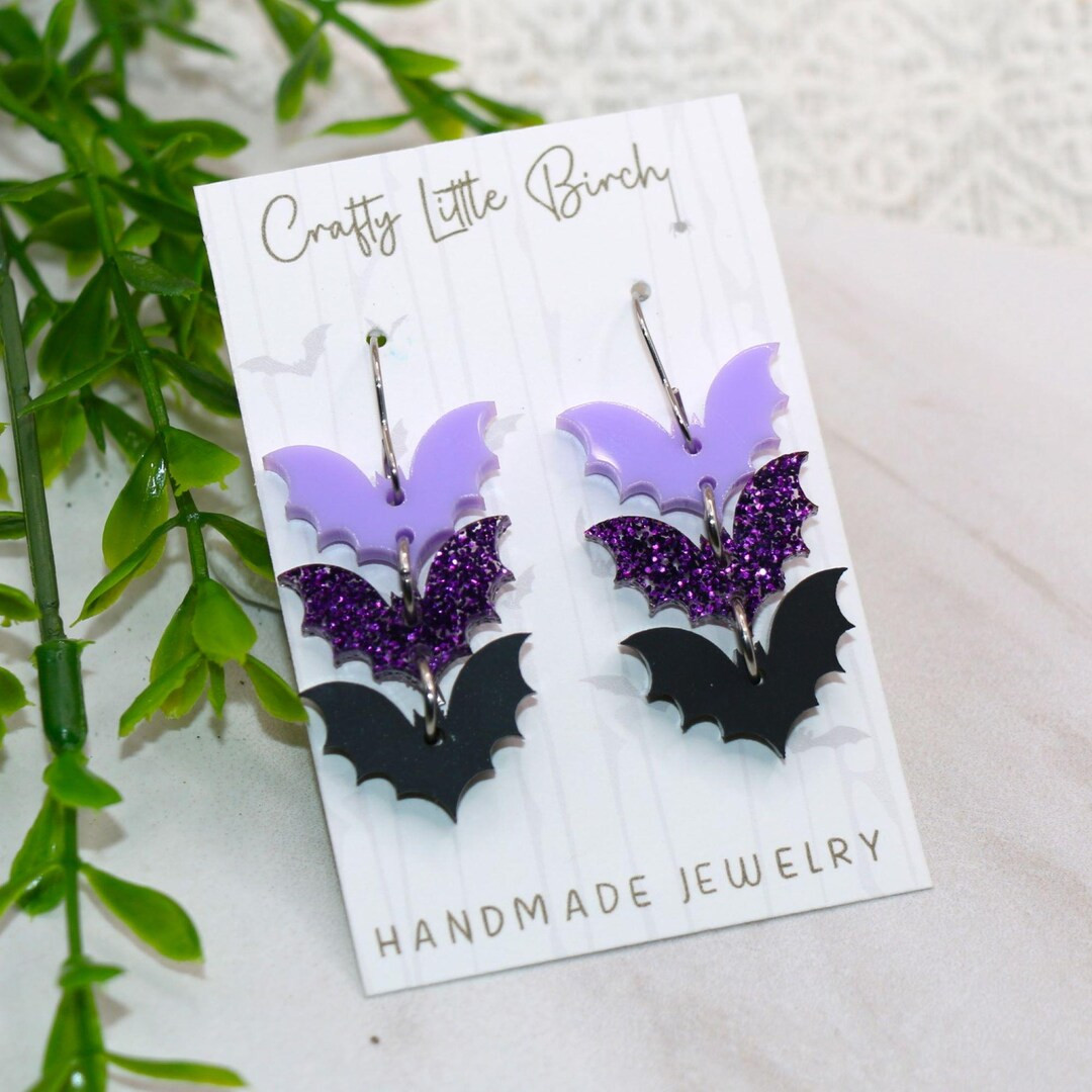 Stacked Bat Dangle Earrings: Lavender, Glitter Purple, Black Acrylic - Etsy | Etsy (US)