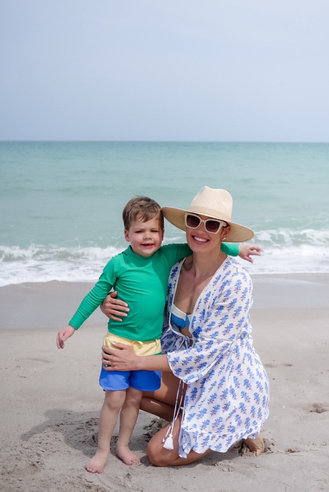 Blue bikini, cover-up, block print, boys swim trunks, boys rashguard, wide brim straw hat, beach outfit, vacation outfit  

#LTKSwim #LTKFamily #LTKTravel