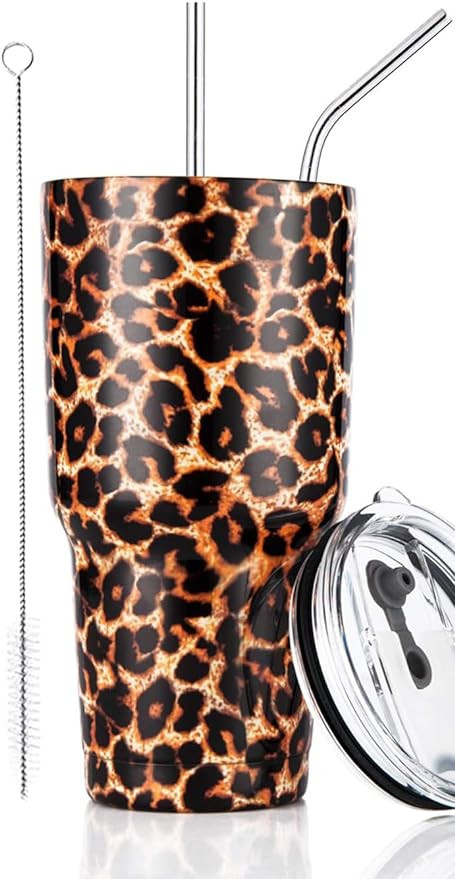 30oz Leopard Tumbler Stainless Steel Insulated Travel Mug with Straw Lid Cleaning Brush (30 oz Le... | Amazon (US)