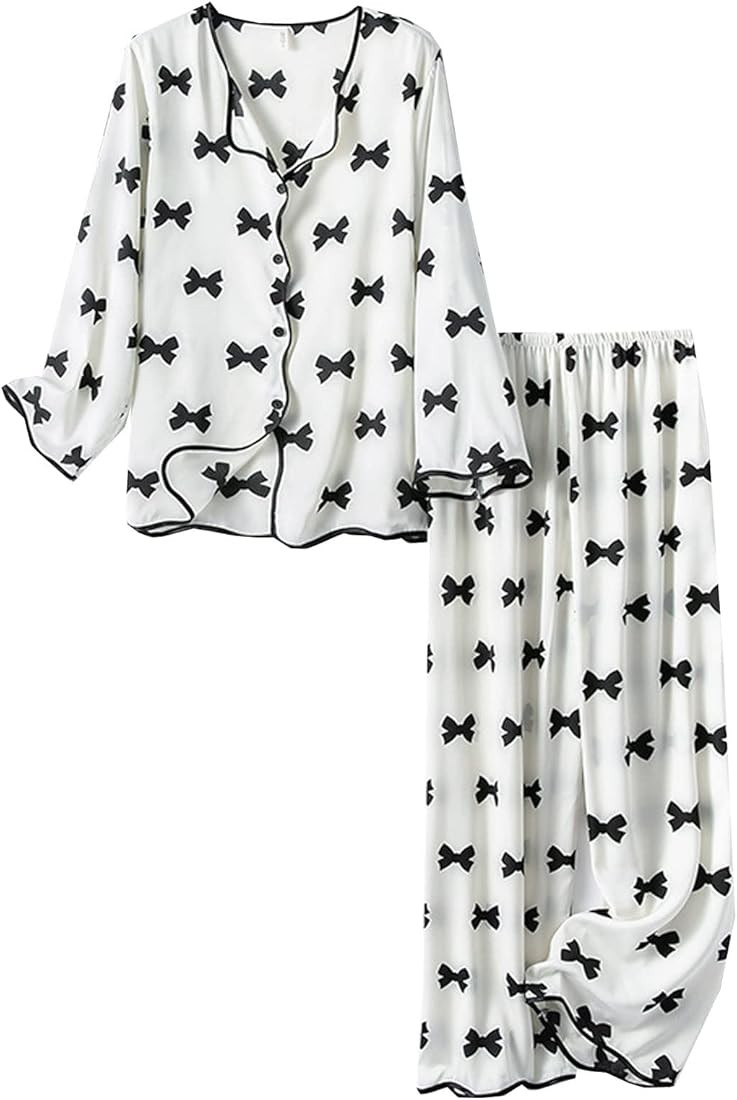 tuduoms Sheer Silk Satin Pajamas Women Bows Print Long Sleeve Blouse and Pants Pjs Set Two Piece ... | Amazon (US)