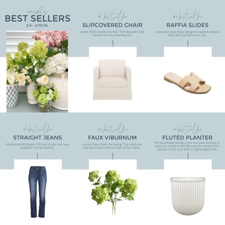 My bestsellers this week include our cute slipcovered swivel chair (the cover fully removed and is washable), the best raffia slide sandals, my favorite under $18 jeans, faux viburnum stems for spring, and the viral fluted planters I love so much!
.
#ltkhome #ltkfindsunder50 #ltkseasonal #ltksalealert #ltkfindsunder100 #ltkover40 #ltkmidsize #ltkshoecrush

#LTKSeasonal #LTKfindsunder50 #LTKhome