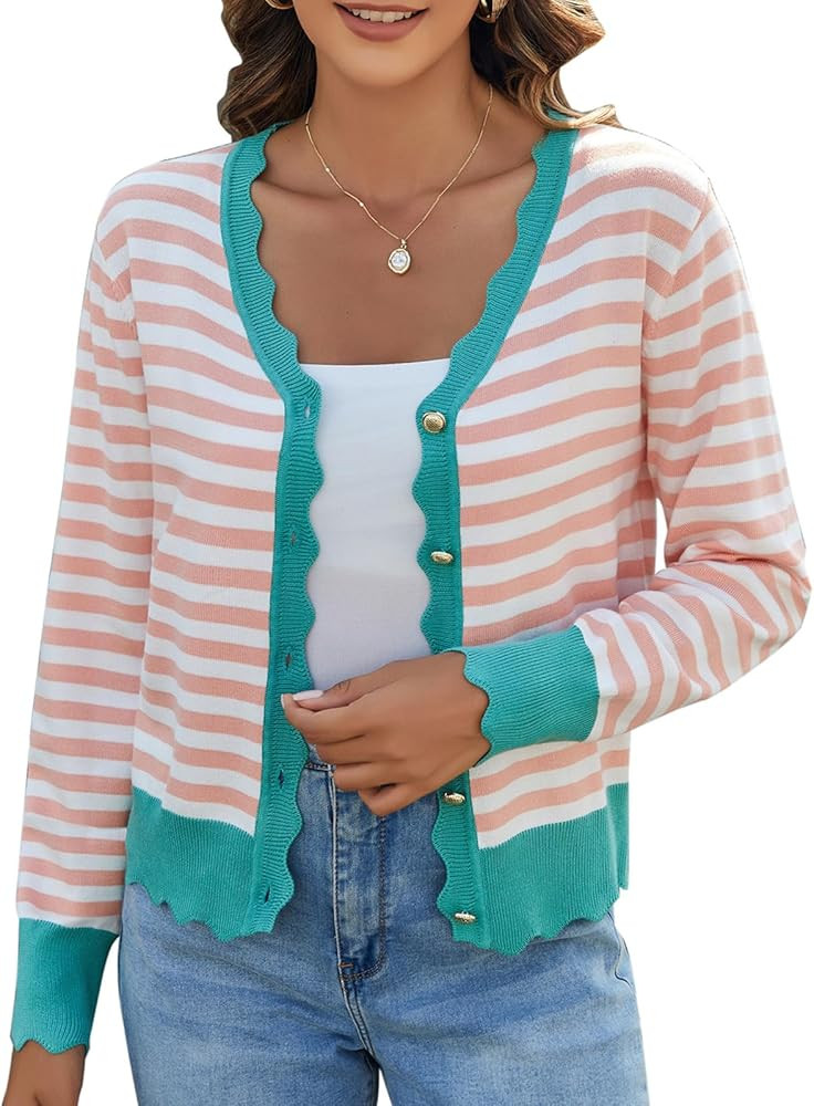 Women's Lightweight Cardigans Casual Long Sleeve V-Neck Button Print Sweaters Open Front Outerwea... | Amazon (US)