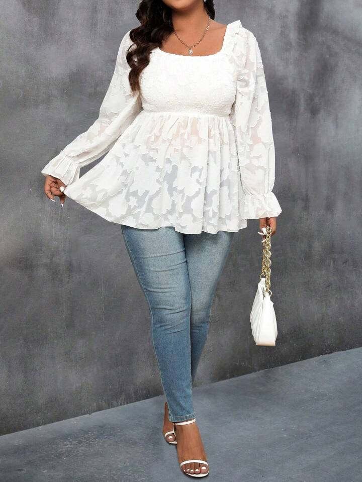 SHEIN Clasi Plus Size Floral Panel Shirred Flared Sleeve Jacquard Blouse | SHEIN