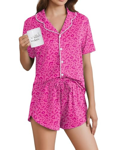 Ekouaer Pajamas for Women Set Button Up Sleepwear 2 Piece Pjs Lounge Set Short Sleeve Nightwear Hot Leopard L | Amazon (US)