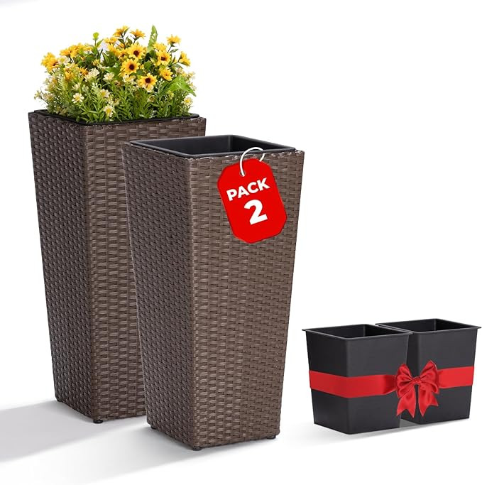 Idzo All Weather Wicker Planters for Outdoor Plants Set of 2, 24 inch Tall Planter for Front Porc... | Amazon (US)