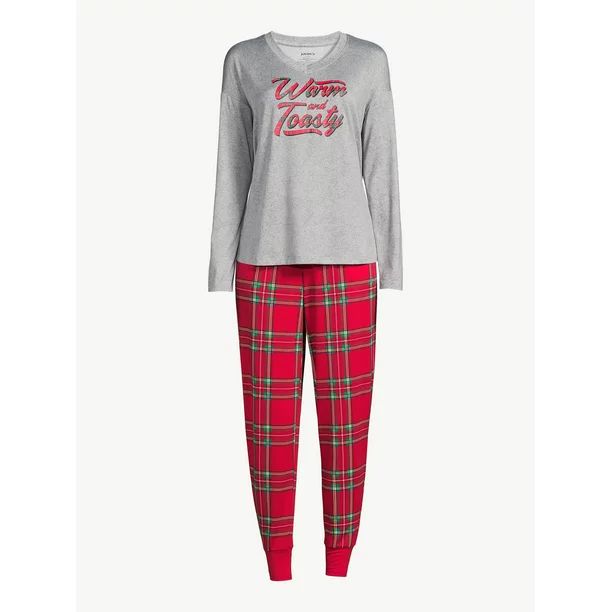 Joyspun Women's Long Sleeve Sleep Top and Jogger PJ Set, 2-Piece, Sizes up to 3X - Walmart.com | Walmart (US)