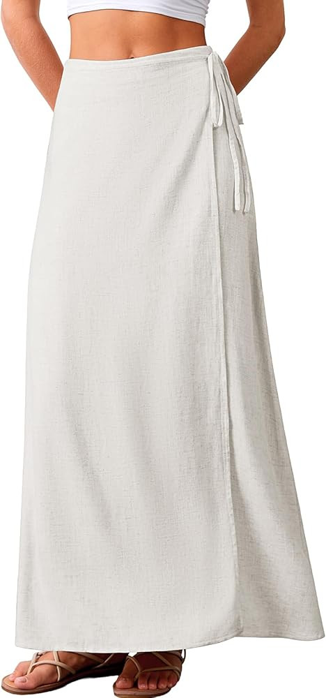 ELLEVEN Linen Wrap Maxi Skirt Elastic Back Waistband Flowy A Line Summer Casual Long Skirt | Amazon (US)