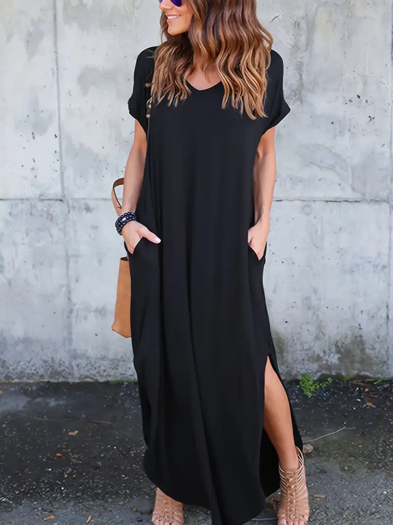 Solid Color Short Sleeve Dress, Casual V Neck Maxi Length Dress, Women's Clothing | Temu Affiliate Program