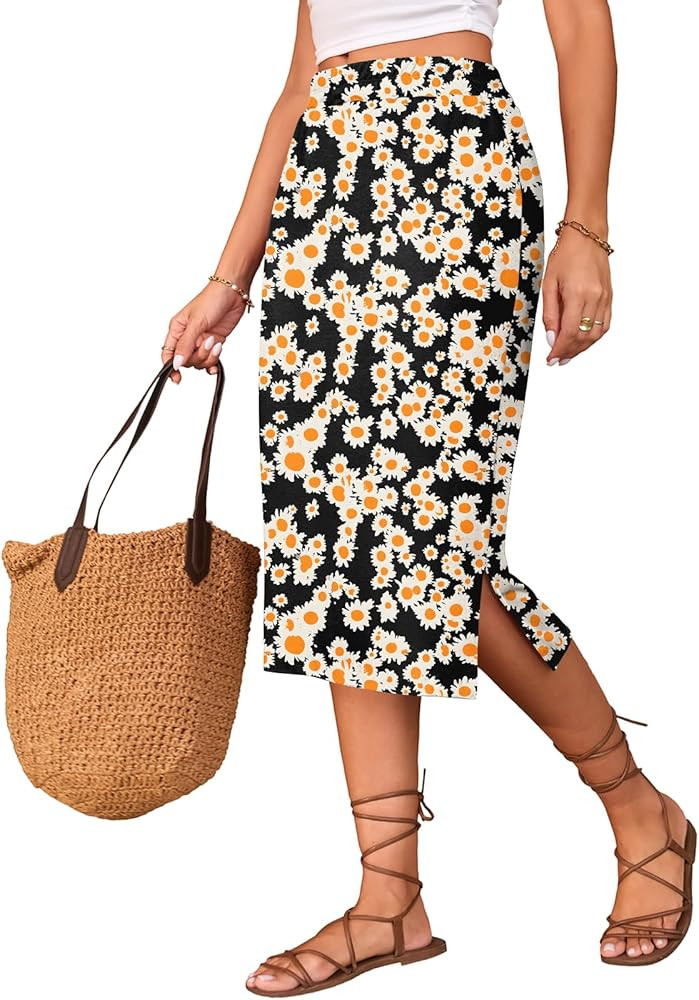 Naggoo Midi Skirts for Women Summer Elastic High Waisted Side Slit Long Skirts | Amazon (US)