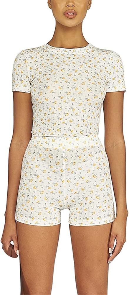 RUEWEY Women Y2K Shorts Set Floral Print Pajamas Set Knit Crop Cami Top Bodycon Shorts Lounge Sum... | Amazon (US)