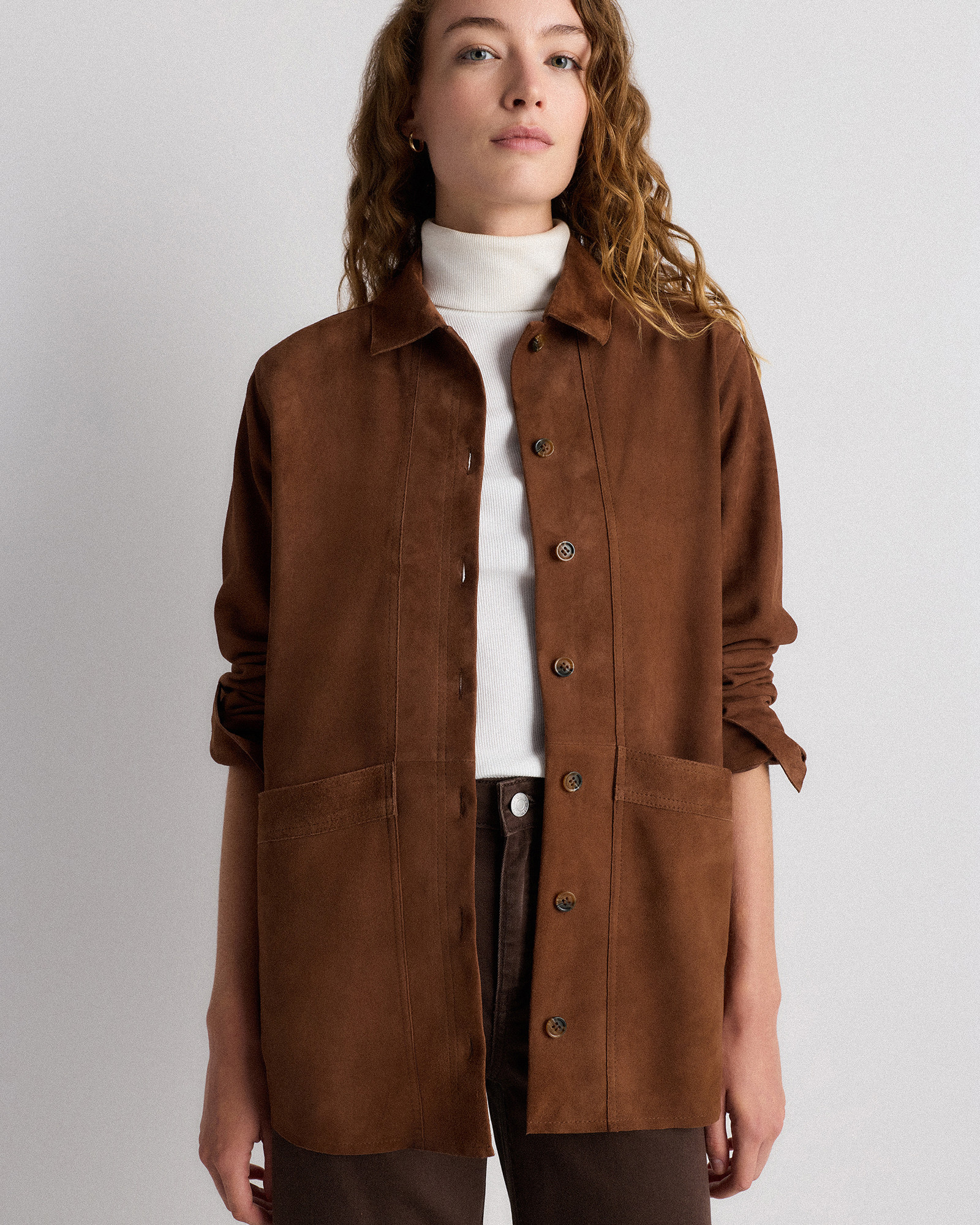 Quince | Women's 100% Suede Chore Jacket in Dark Chestnut Brown, Size XS, Suede Leather | Quince