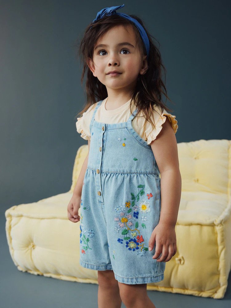 Mid Blue Floral Embroidered Denim Playsuit and T-Shirt (3mths-7yrs) | Next US