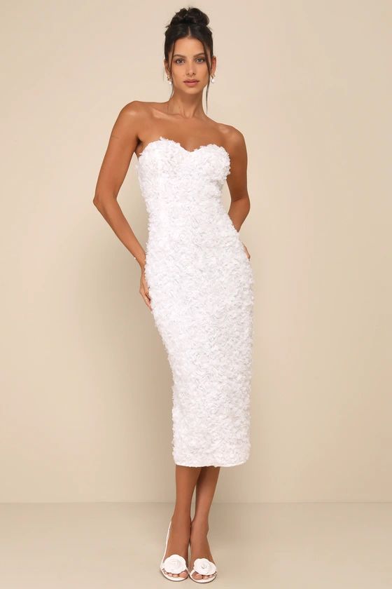 White 3D Floral Strapless Midi Dress | Midi Dress Spring | Midi Dress Casual  | Lulus