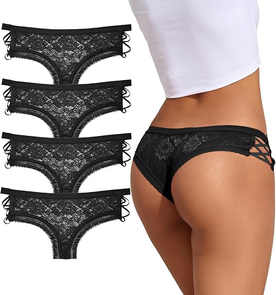 Women Lace Cheeky Panties Criss Cross Low Rise Underwear 4 Pack | Amazon (US)