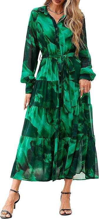 PRETTYGARDEN Women's Fall Dress 2025 Casual Long Sleeve Button Down Belted Boho Floral Flowy Maxi... | Amazon (US)