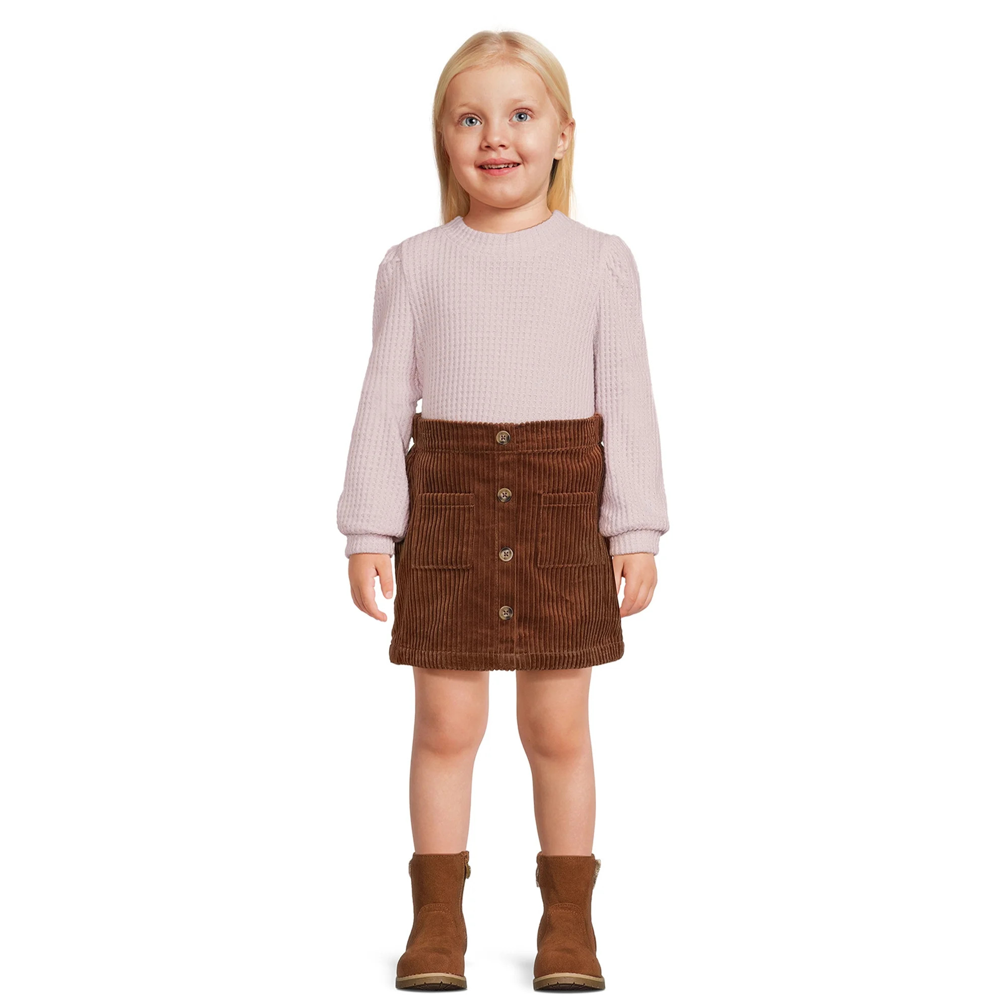 Wonder Nation Toddler Girl Waffle Knit Top and Corduroy Skirt Set, 2-Piece, Sizes 12M-5T | Walmart (US)