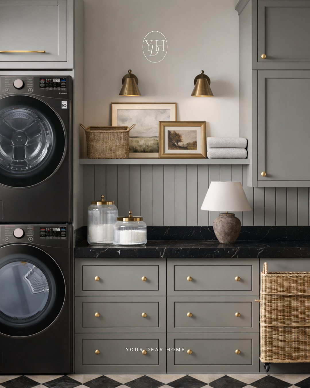 Laundry rooms feel so much prettier when they’re styled like real rooms. The layered art, little lamp, brass sconces and woven textures make this one feel warm and lived-in. 

 #LTKHome