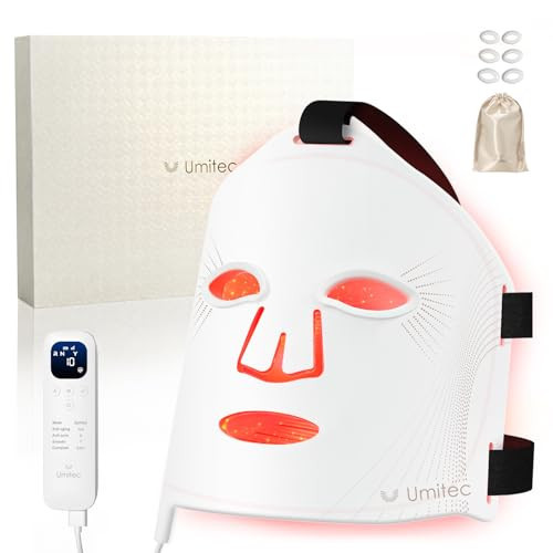 Umitec LED Face Mask, Red Light Therapy Mask, Four Modes Blue Light Therapy, Face Zone Maping, Remote Control, 4000mAh, Storage Bag, Head Straps, Eye Pads(S/M/L), Gift for Wife, Girls(White) | Amazon (UK)