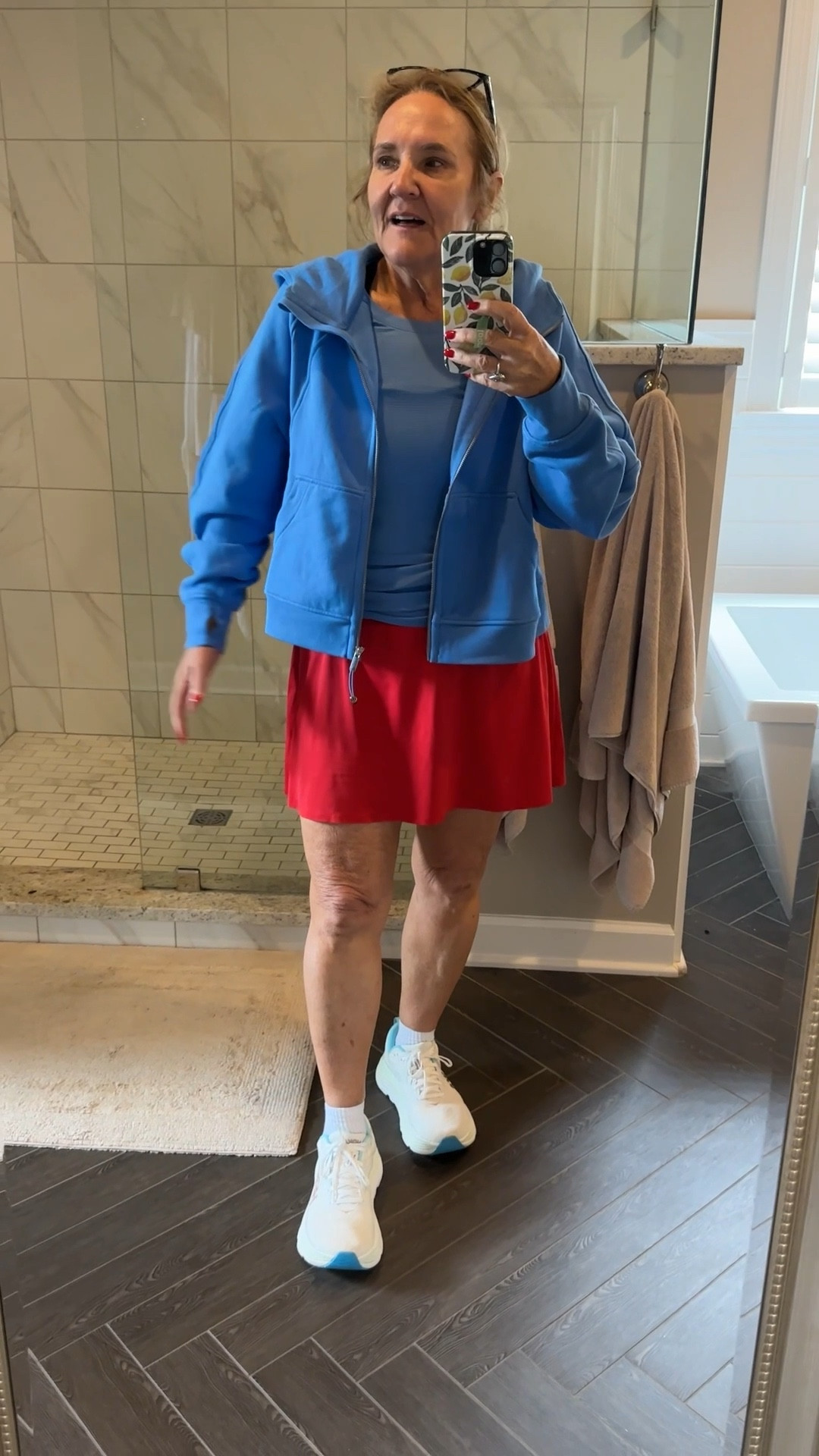 The prettiest color combination. Love this new Lululemon pool blue color. Wearing a medium large in this scuba hoodie and a larger size in the T-shirt

Spanx skort is great for walking, running ballfields and hiking. Wearing my larger size in this too.

Running gear running outfit performance activewear workout outfit Lululemon



#LTKActive #LTKSeasonal #LTKOver40