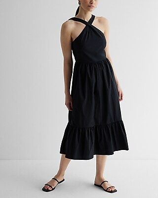 Halter Neck Tiered Poplin Midi Dress | Express
