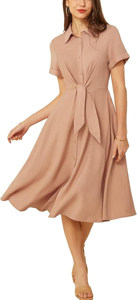 GRACE KARIN Womens Linen Dresses Summer Casual Flowy Collar Button Down Dress Front Tie Short Sle... | Amazon (US)