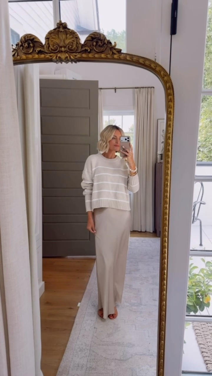 How stunning and luxe is this skirt? 😍 I have had it for years and still love it! The champagne gold color is so good, and works for year round wear and styling! Wearing XS sweater and S skirt @Quince #quincepartner

Loverly grey, quince fashion, how to style neutral gold satin skirt, early fall transitional outfit ideas, capsule wardrobe, neutral tan striped sweater

#LTKSeasonal #LTKootd