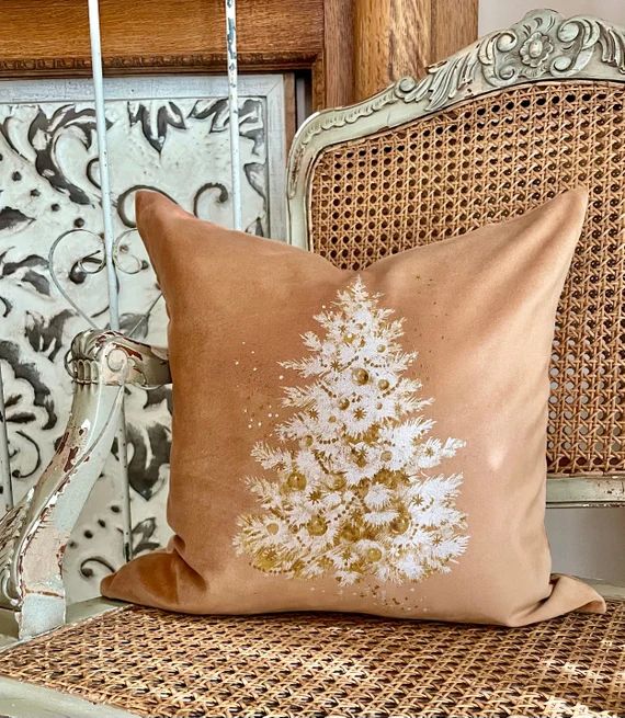 Neutral Christmas Tree Velvet Pillow Cover Shabby Cottage - Etsy | Etsy (US)
