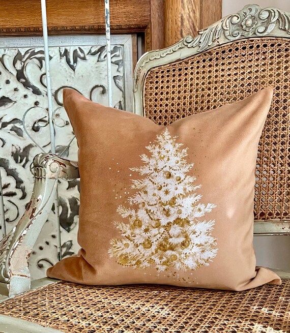 Neutral Christmas Tree Velvet Pillow Cover Shabby Cottage - Etsy | Etsy (US)
