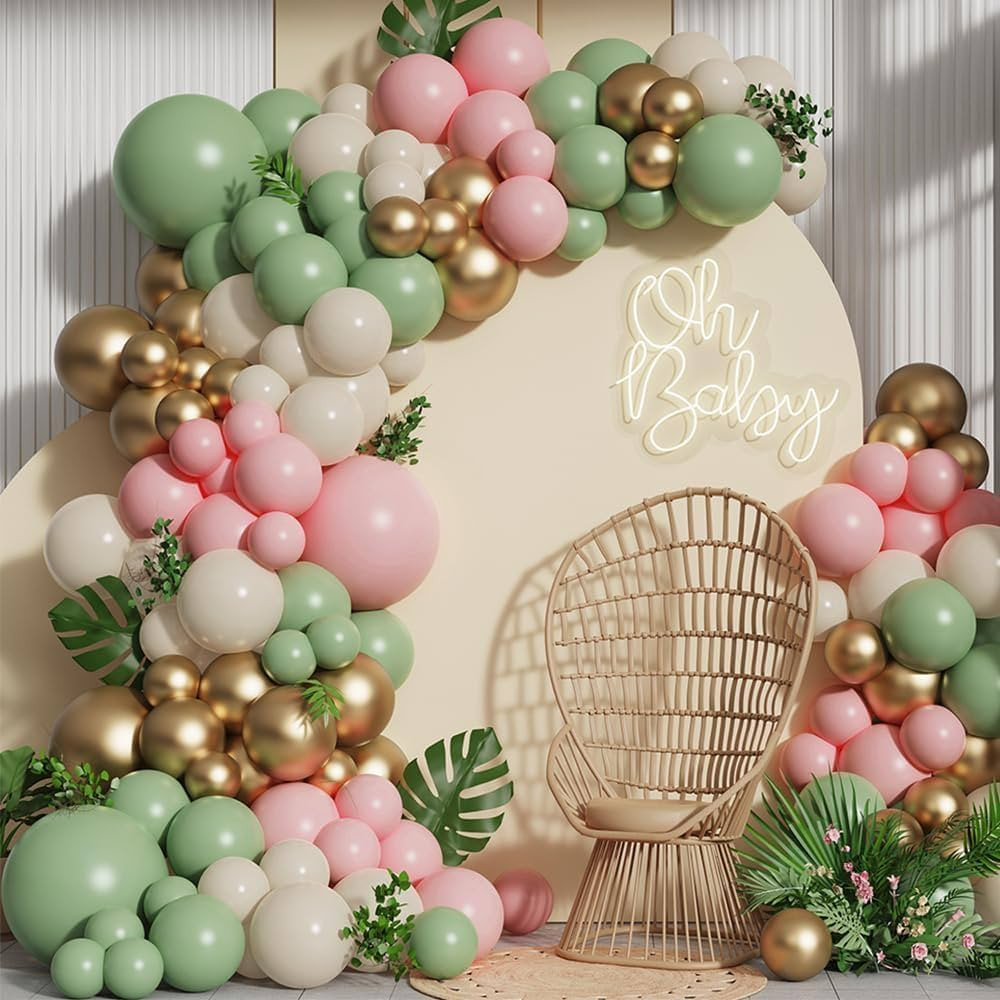 Pink and Green Balloon Arch Garland Kit,137pcs Sage Green and Pastel Pink White Sand Gold Balloon... | Amazon (US)