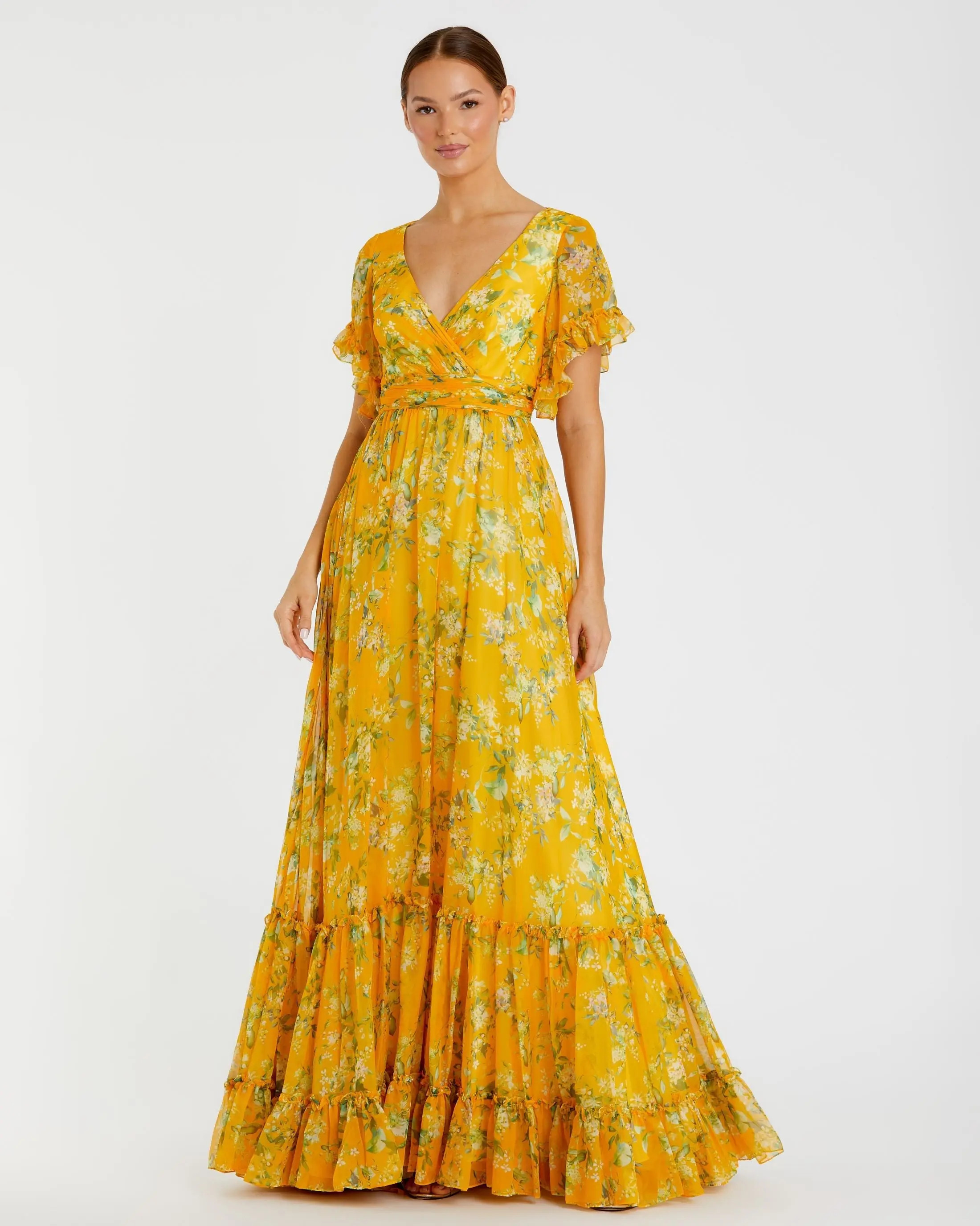 Yellow Multicolor Flounce Sleeve Floral Maxi Dress - Mac Duggal | Mac Duggal