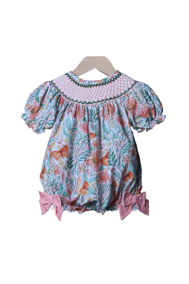 Smocked Heirloom Sage and Coral Butterfly Bubble | The Smocked Flamingo