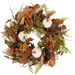 26 in. Unlit Pumpkins and Leaves Artificial Fall Harvest Wreath | The Home Depot