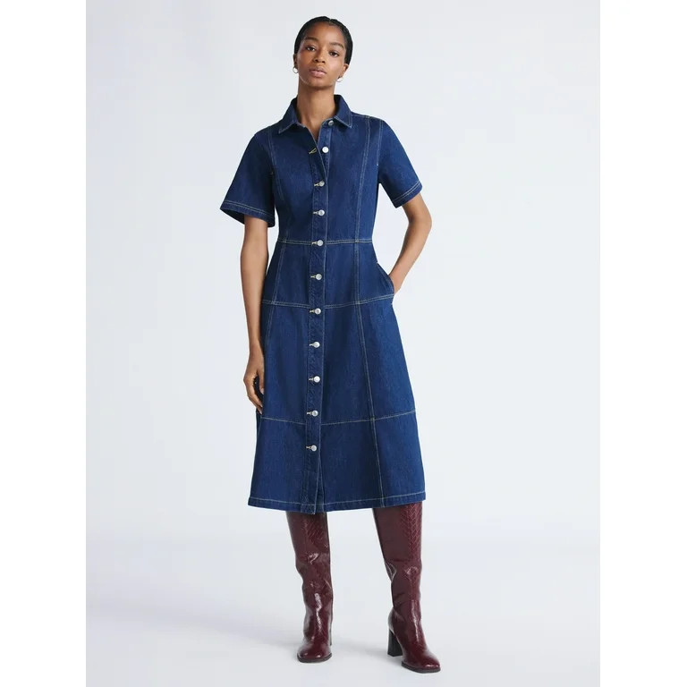 Free Assembly Women's and Women's Plus Button Front Midi Dress with Short Sleeves, XS-4X - Walmar... | Walmart (US)