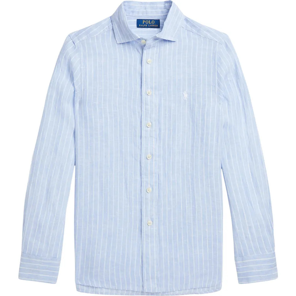 Polo Ralph Lauren Kids' Stripe Linen Button-Up Shirt in Light Blue/White at Nordstrom | Nordstrom