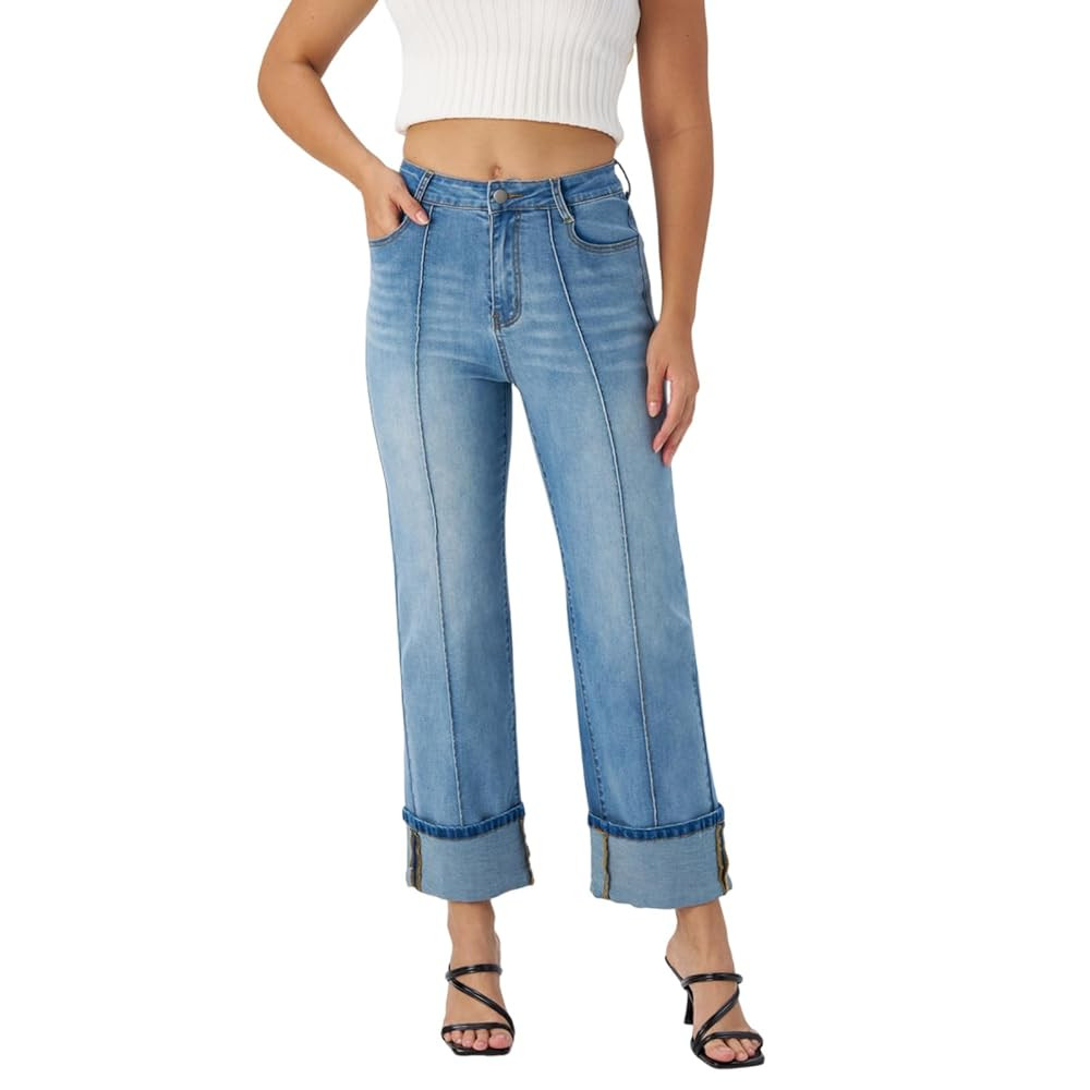 Women's Adjustable Cuffed Straight Leg Petite Jeans Stretchy High Waisted Wide Leg Cropped Denim ... | Amazon (US)