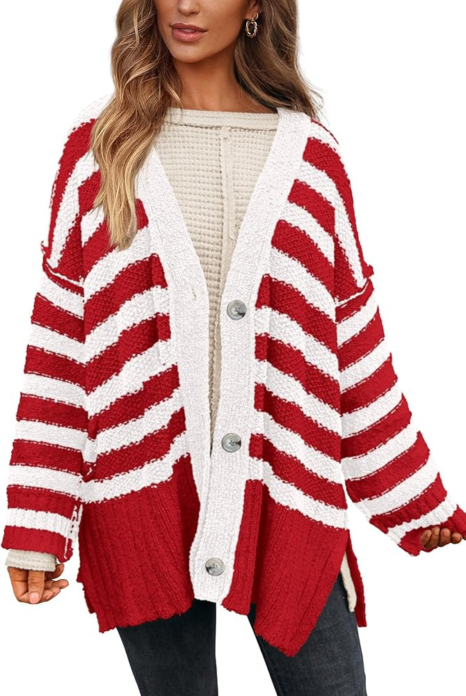 PRETTYGARDEN Women's Winter Striped Cardigan Sweaters Long Sleeve Button Down Open Front Chunky K... | Amazon (US)