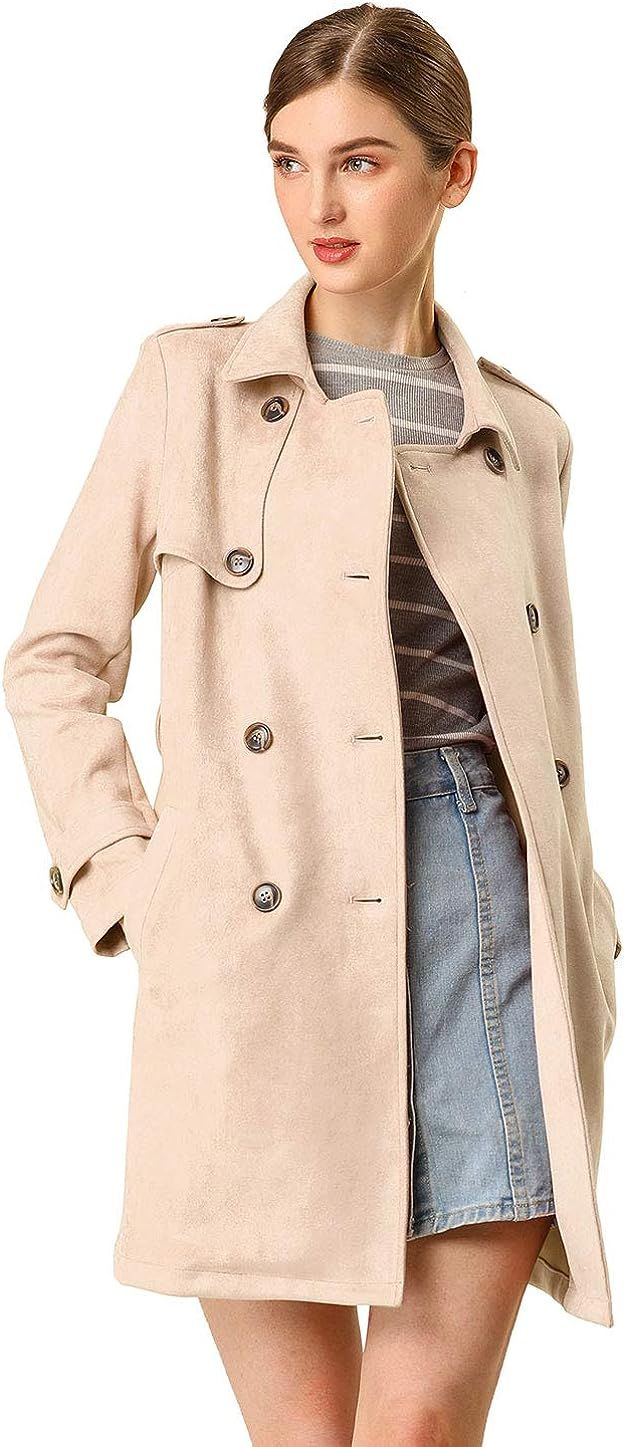 Allegra K Women's Notched Lapel Double Breasted Faux Suede Trench Coat Jacket with Belt | Amazon (US)