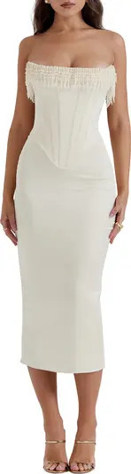 HOUSE OF CB Nalita Imitation Pearl Trim Strapless Midi Cocktail Dress | Nordstrom | Nordstrom