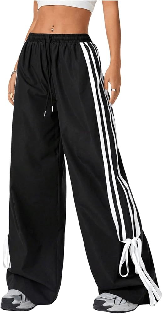 WDIRARA Women's Side Striped Bowknot Track Streetwear Pant Drawstring Waist Wide Leg Long Pants W... | Amazon (US)