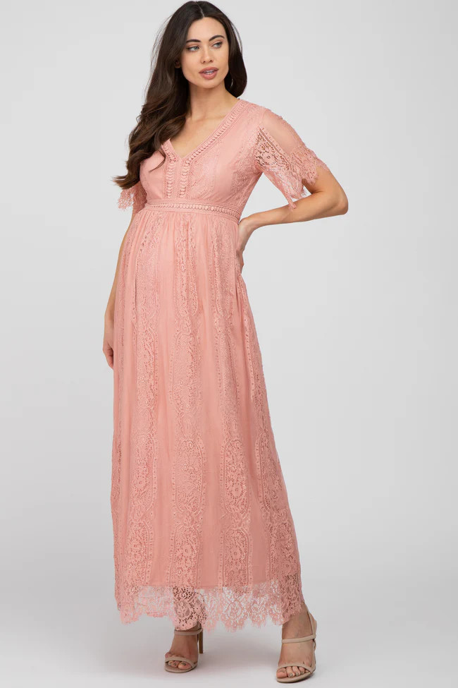 White Lace Short Sleeve Maternity Maxi Dress | PinkBlush Maternity