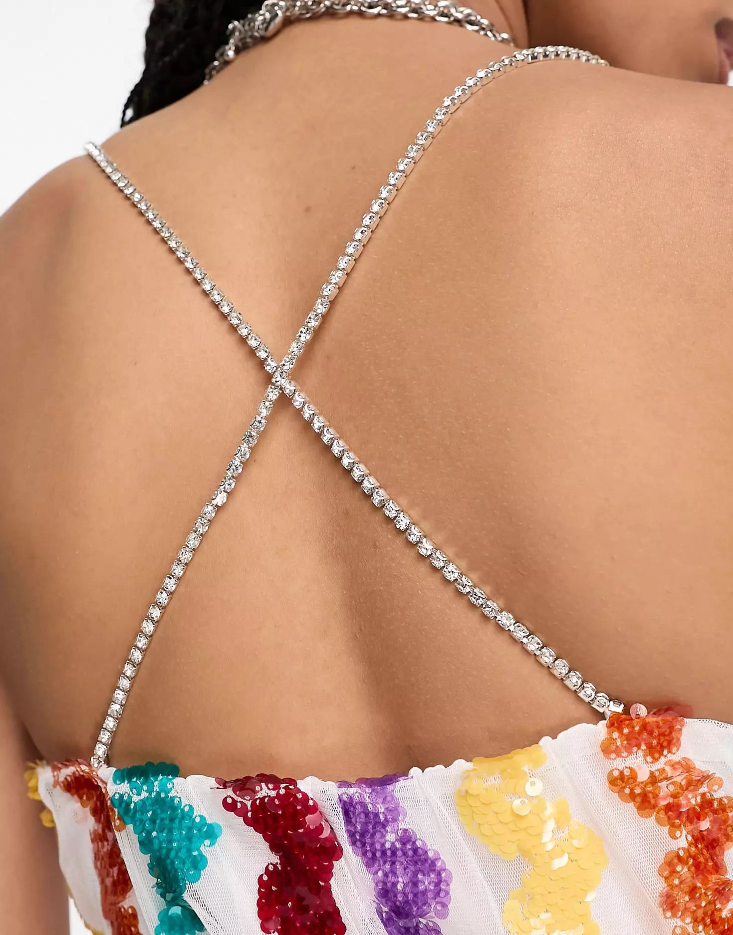 Extro & Vert Premium cami mini dress in rainbow swirl sequin with diamante straps | ASOS (Global)