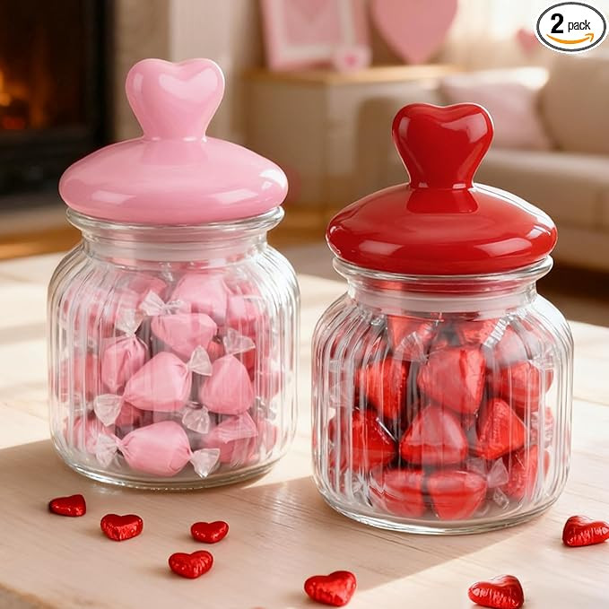 HEAEUNK Valentine’s Day Decorations, 2 PCS Glass Valentines Candy Jar (22 oz) with Heart-Shaped... | Amazon (US)
