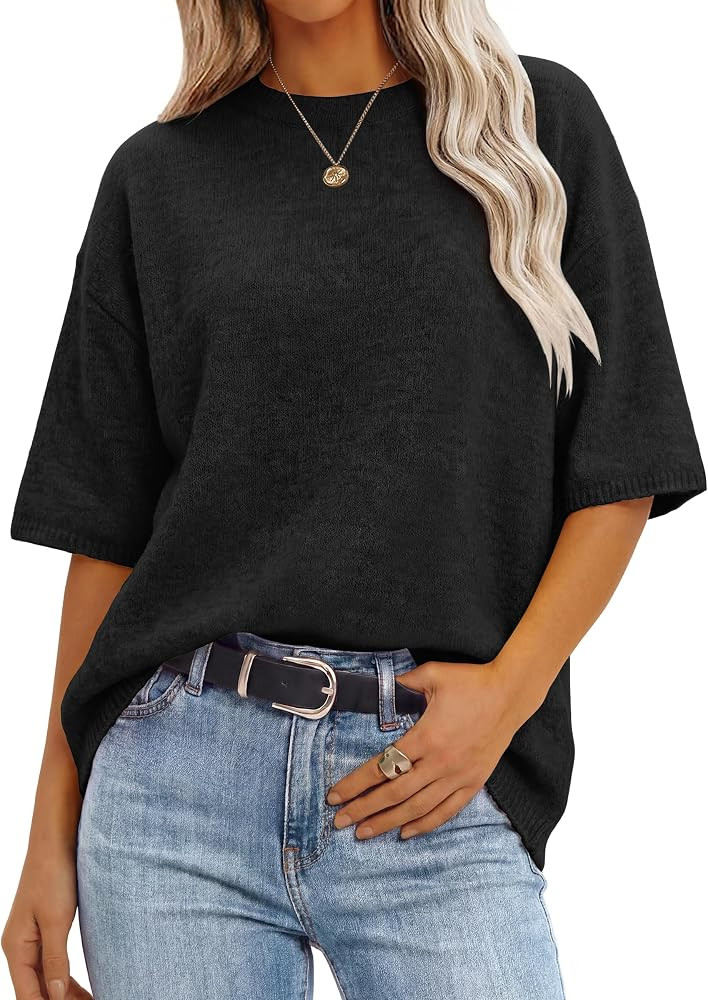 ANRABESS Womens Short Sleeve Sweater Oversized Lightweight Business Casual Tops Crewneck Soft Kni... | Amazon (CA)