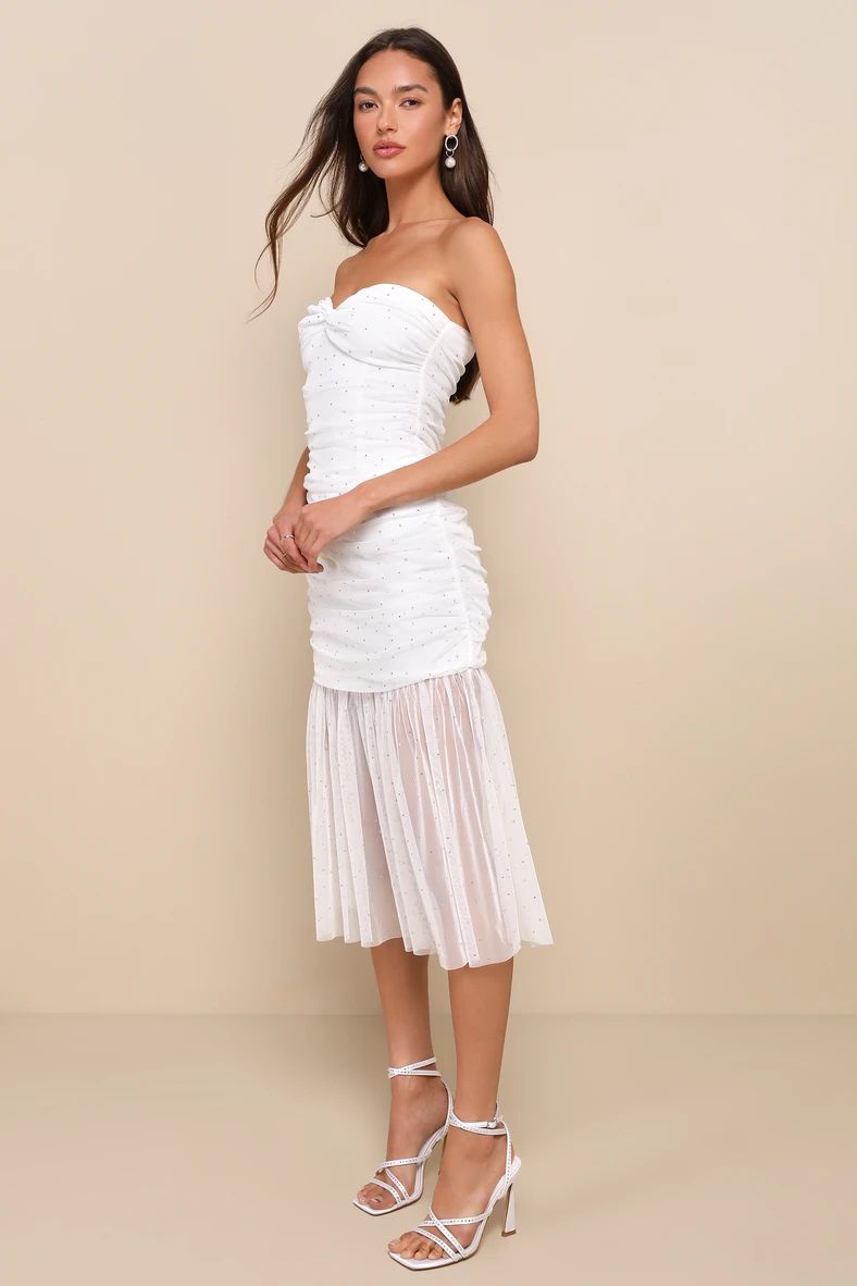 Sparkling Babe White Mesh Rhinestone Ruched Strapless Midi Dress | Lulus (US)