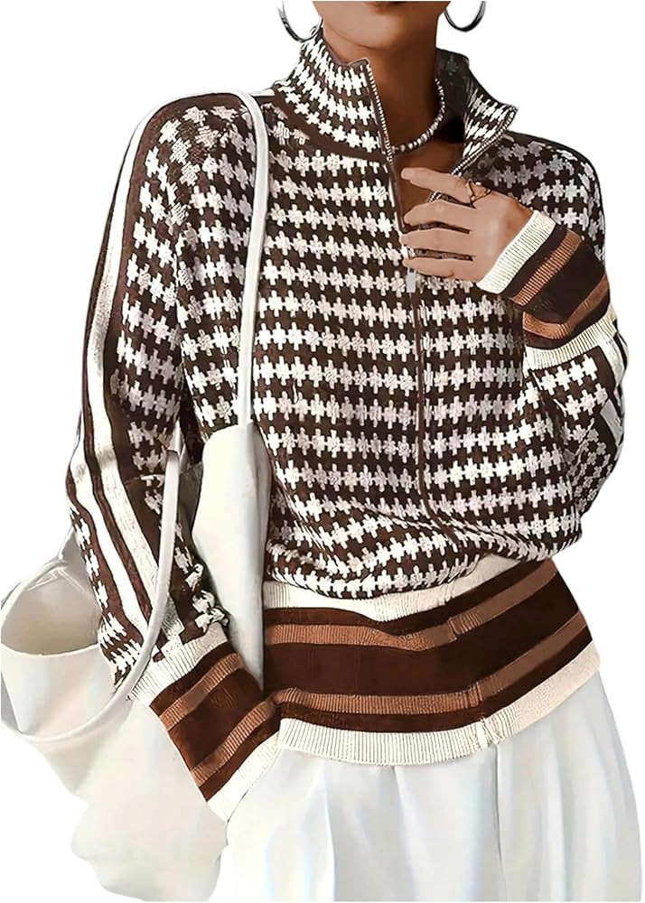 WDIRARA Women's Houndstooth Zip Up Cardigan Sweaters Long Sleeve Knit Cardigans Jacket | Amazon (US)