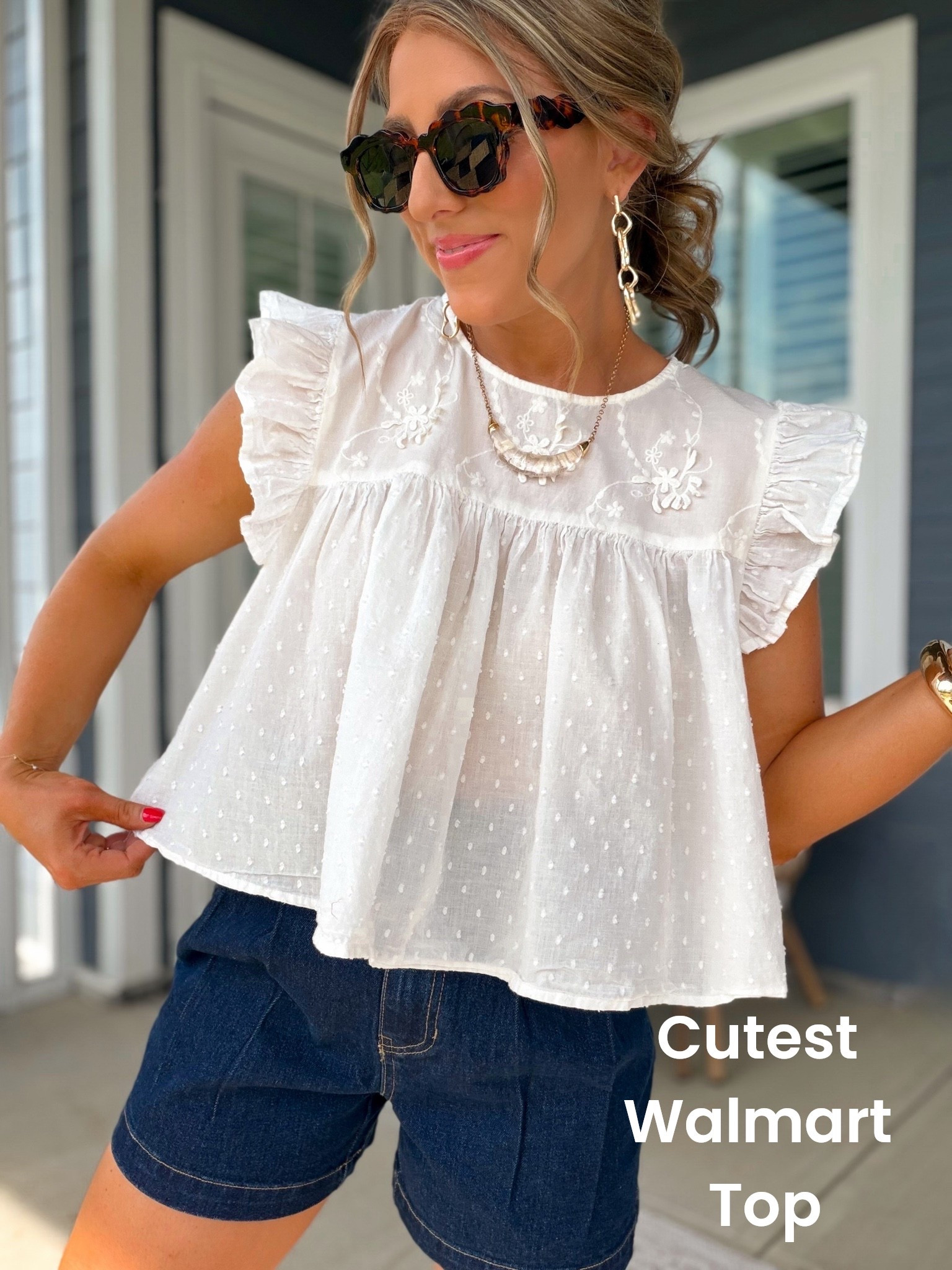 The details on this Walmart top 😍🤍 The embroidery, ruffle sleeves, and flowy fit make it look so high-end! Paired with these dark denim shorts, it creates the perfect elevated everyday outfit that’s comfortable, flattering, and easy to wear all summer long.

✨ Beautiful embroidered details
✨ Flowy, lightweight fit
✨ Easy everyday outfit idea
✨ Classic pieces you’ll reach for again and again

#WalmartFashion #WalmartFinds #WhiteTop #SummerStyle #DenimShorts #AffordableFashion #WalmartStyle #EverydayOutfit #FashionOver40 #MomStyle #CasualChic #SummerWardrobe #LTKFashion #WalmartNewArrivals

#LTKootd #LTKPetite